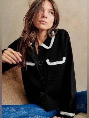 Sezane Betty cardigan in black and ecru crochet